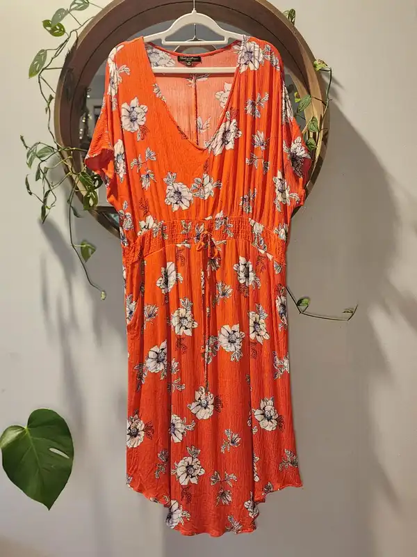 Caroline Morgan Orange Floral Tropical Casual Midi Dress Size 18 Plus Size