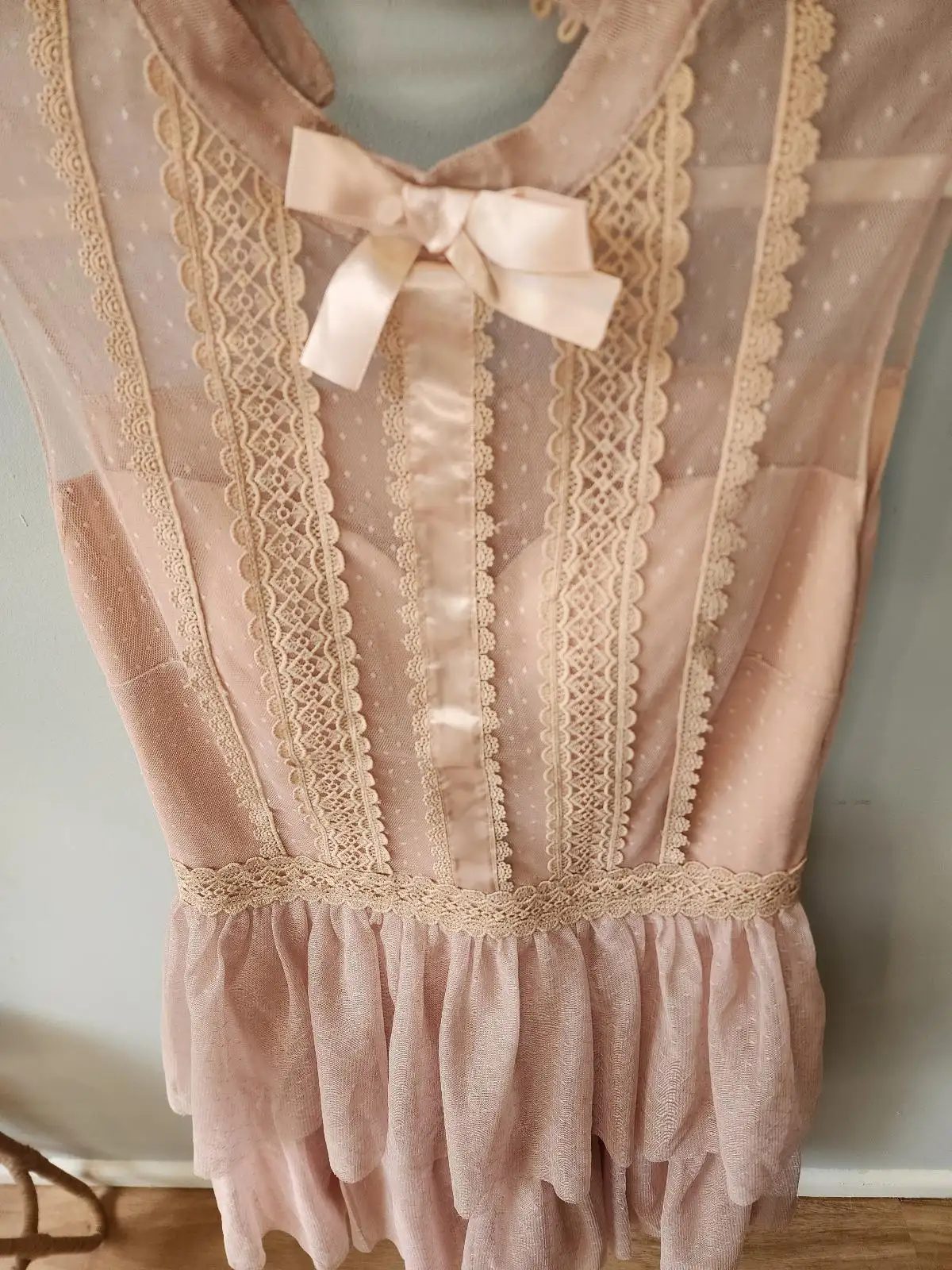 Soky & Soka Blush Pink Mesh Lace Padded Bust Mini Dress Size L Coquette Balletco – photo 2