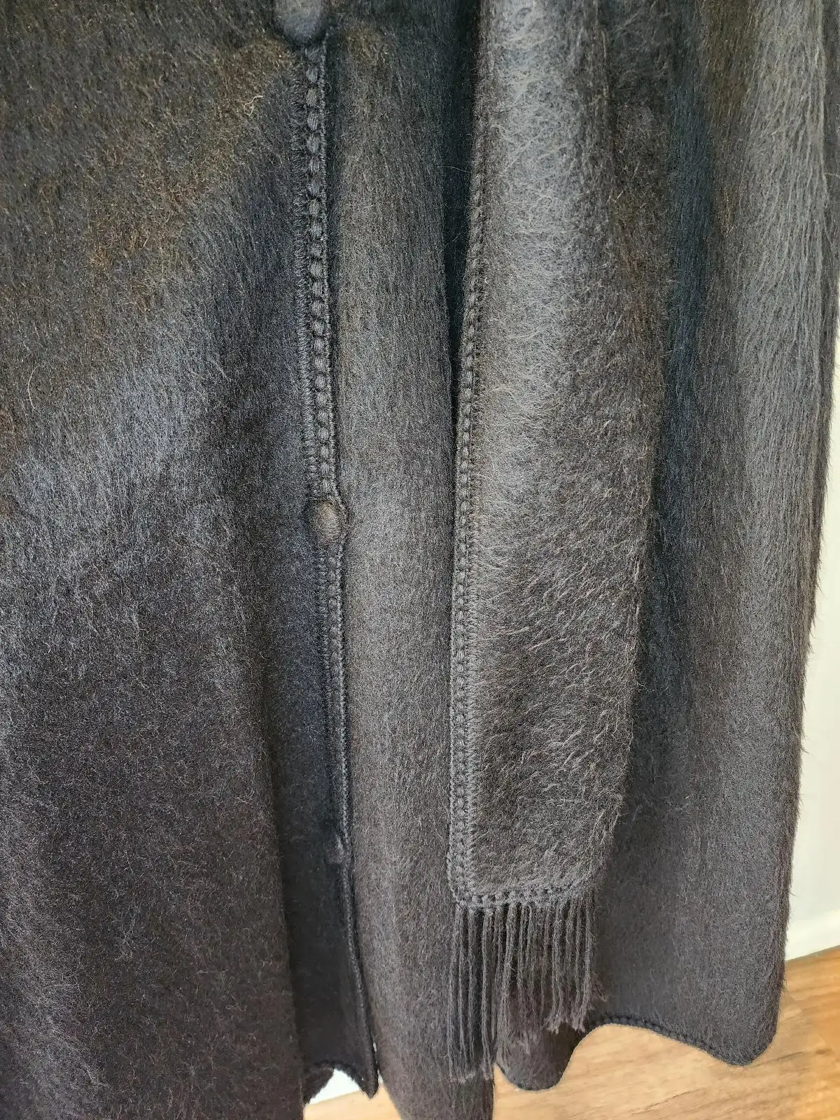 Alpaca Camargo Dark Grey Black Button Up Poncho Cape Attached Fringe Scarf O/S – photo 2