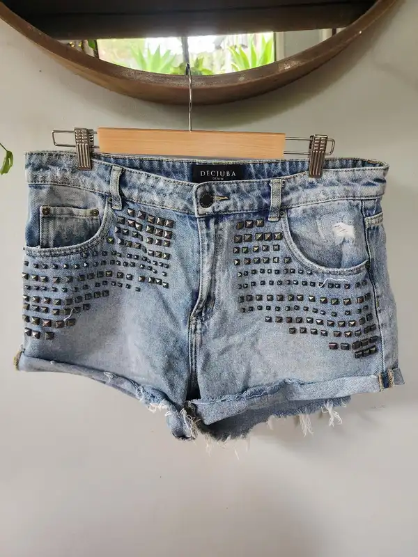 DECJUBA Studded Rock Chic Distressed Y2K Grunge Denim Shorts 14