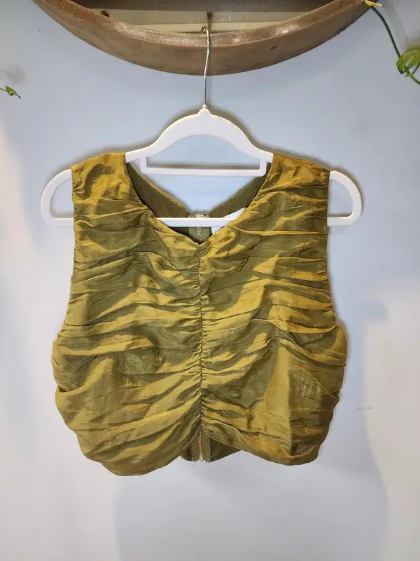 DISSH Olive Moss Green Ruched Quiet Luxury Zip Back Crop Top Size 12 M