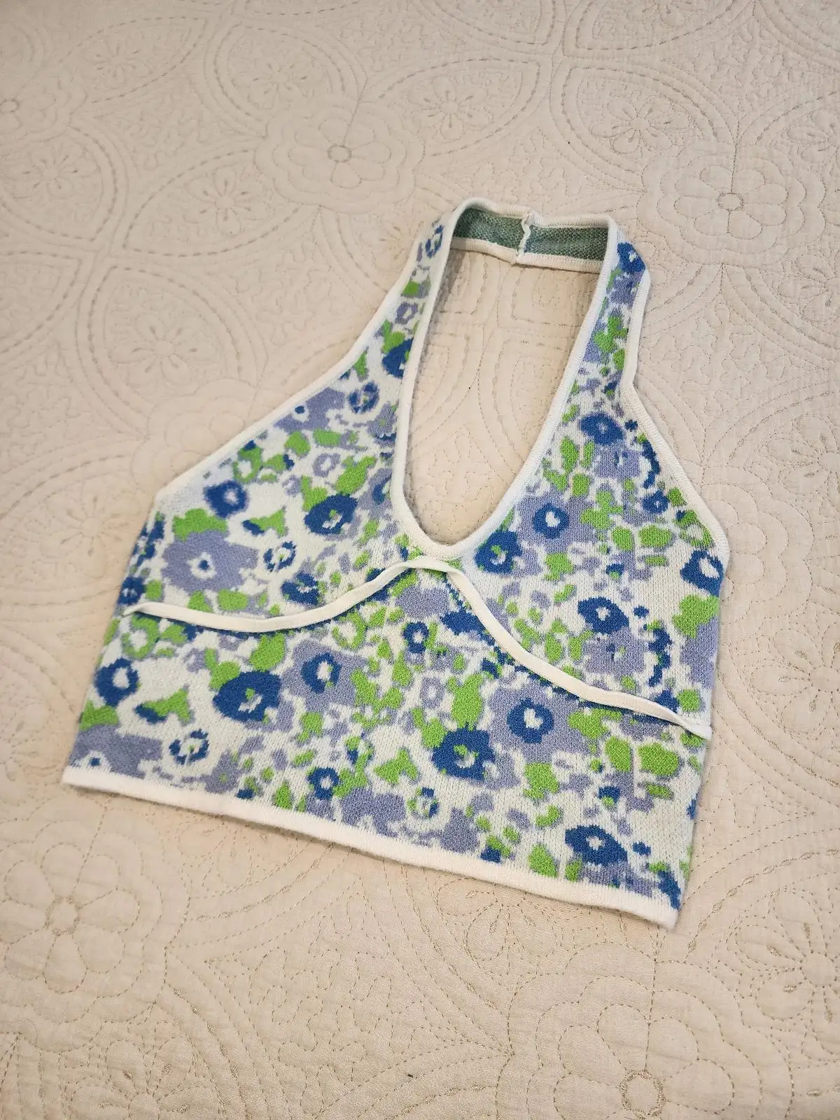 Princess Polly Floral Knit Halter Crop Top Size M L Blue Green Y2K Backless Crop – photo 2