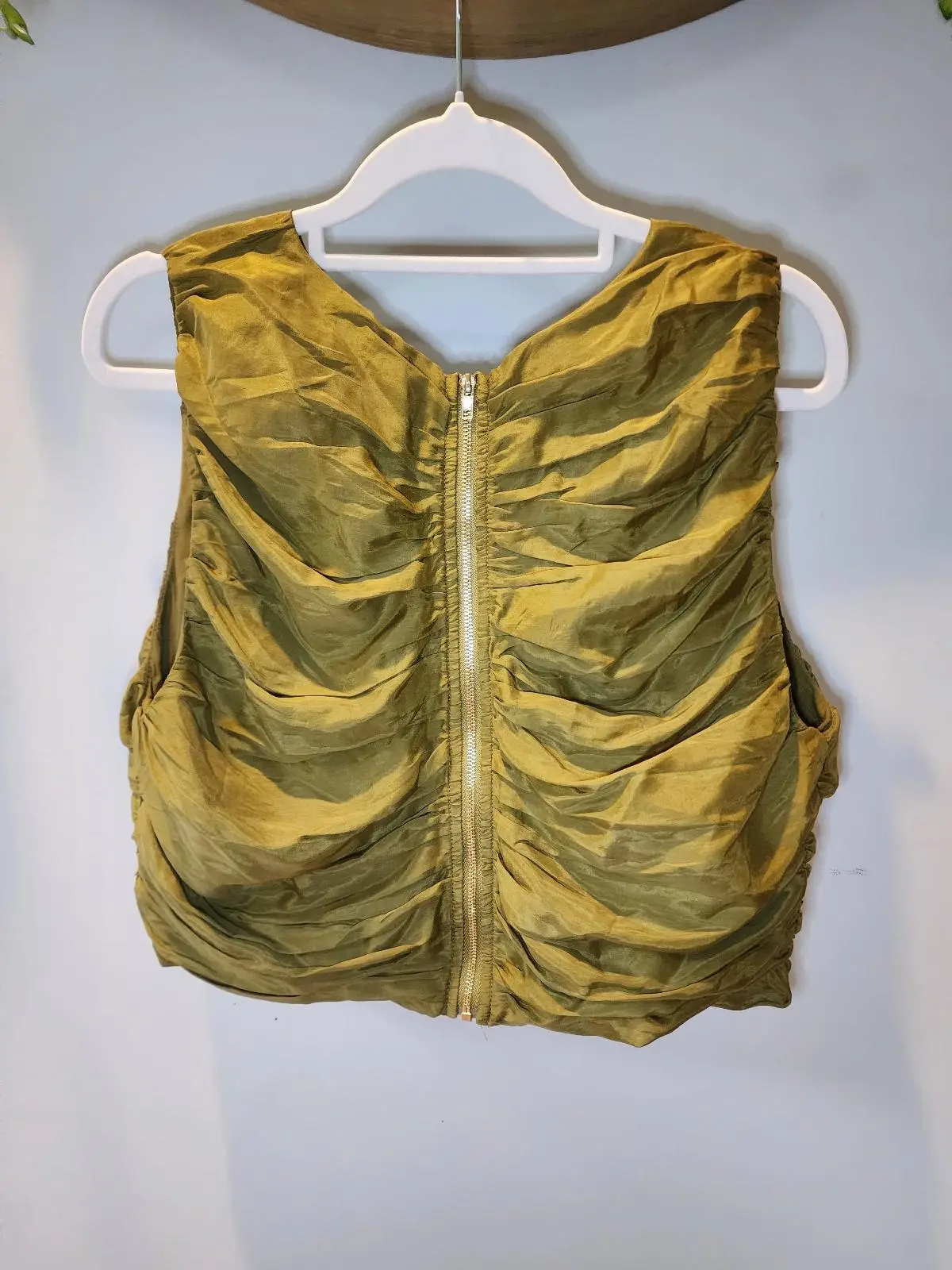 DISSH Olive Moss Green Ruched Quiet Luxury Zip Back Crop Top Size 12 M – photo 2