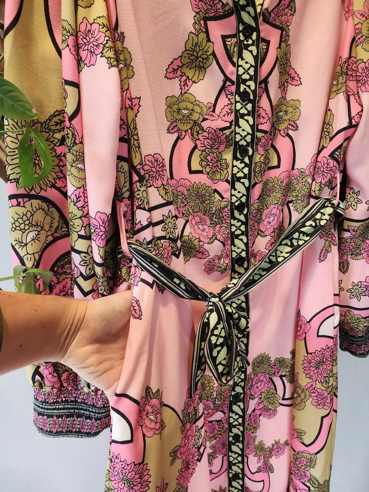 Caroline Morgan Coral Pink Floral Belted Shirt Dress Size 14 Retro Boho Pockets – photo 2