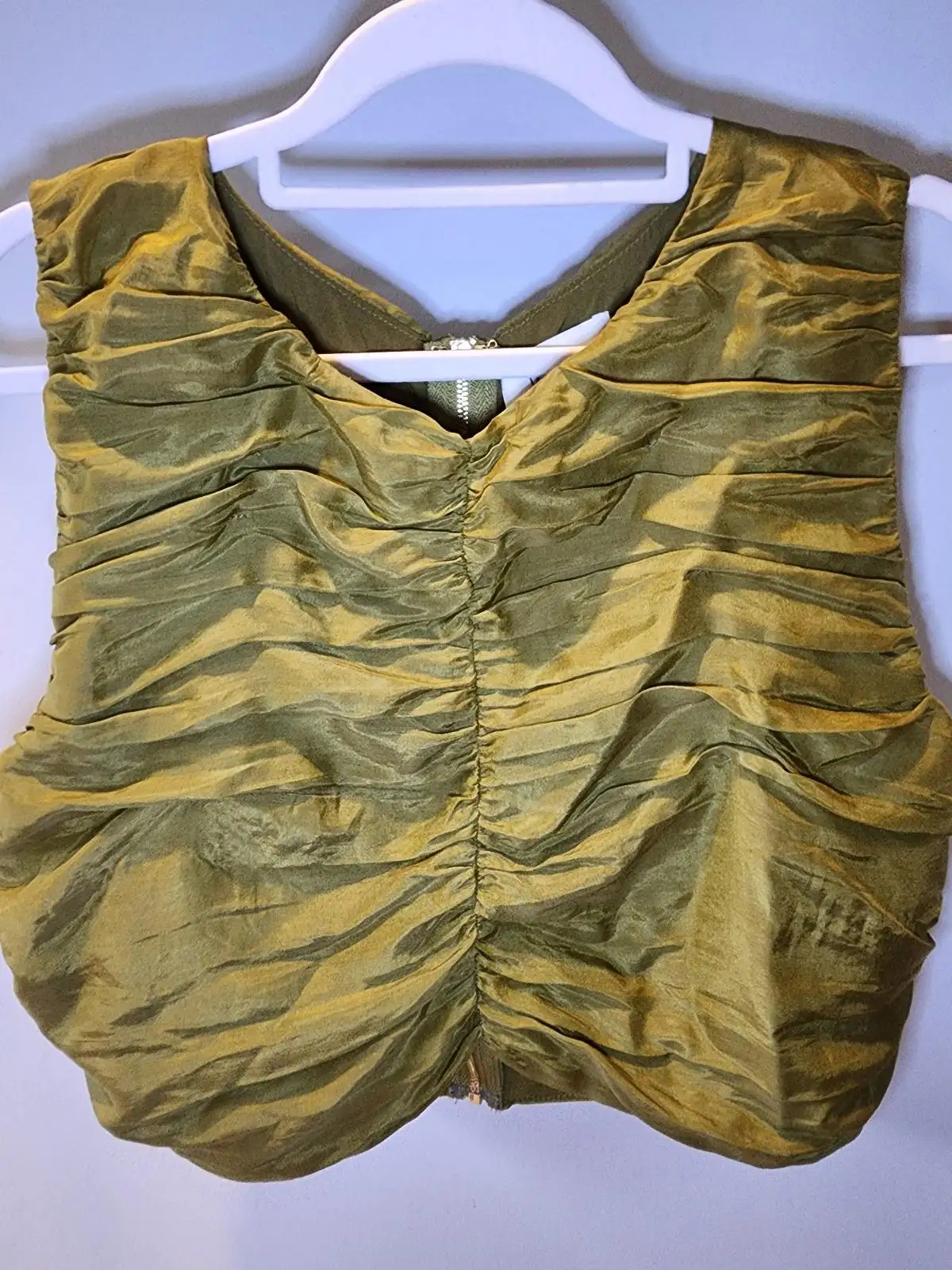 DISSH Olive Moss Green Ruched Quiet Luxury Zip Back Crop Top Size 12 M – photo 3