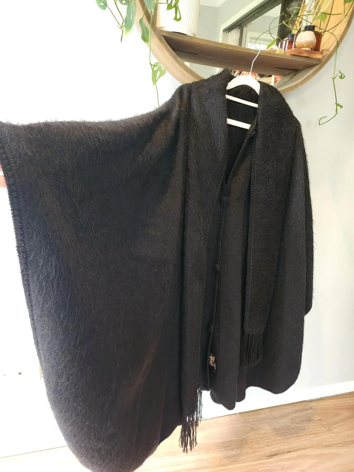 Alpaca Camargo Dark Grey Black Button Up Poncho Cape Attached Fringe Scarf O/S – photo 6