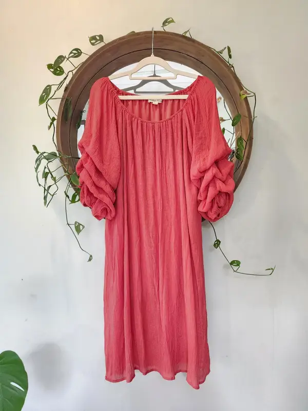 Indigo Rose Coral Pink Crinkle Puff Sleeve Smock Mini Dress Size PXL