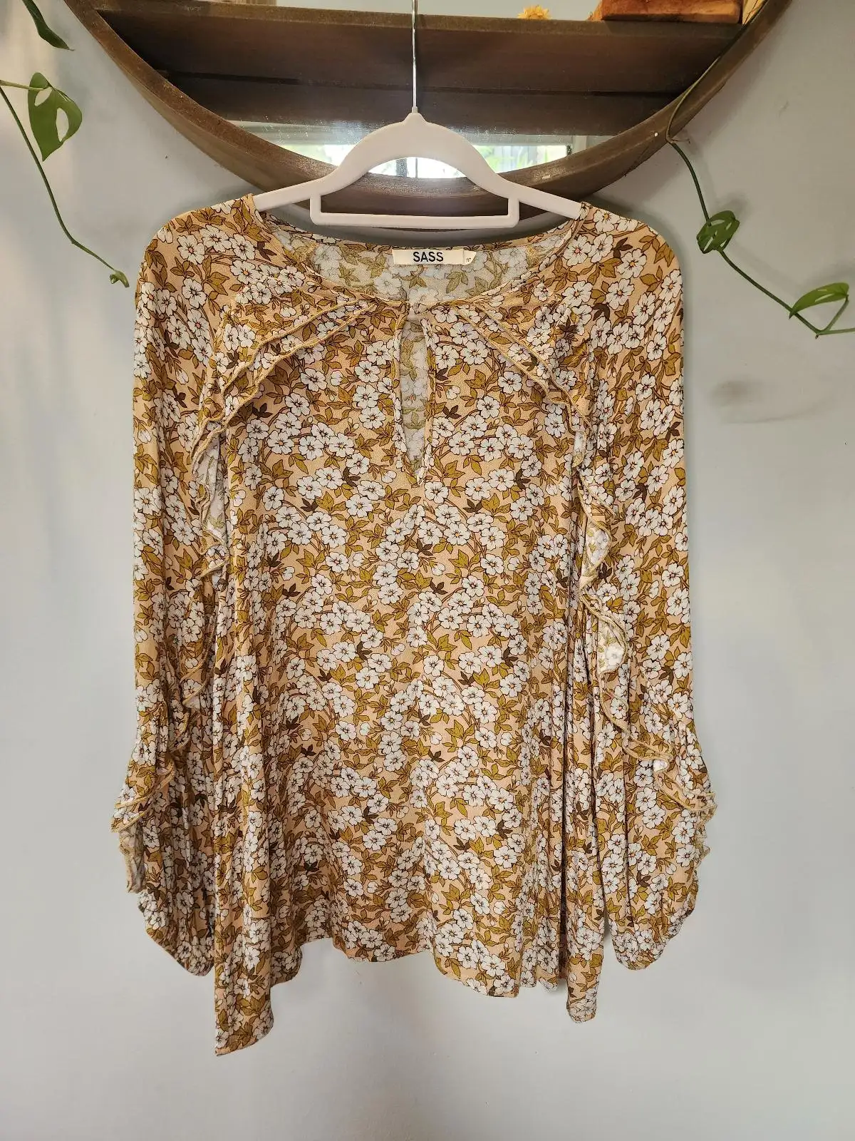 SASS Ditsy Floral Long Sleeve Blouse Size 10 Mustard Boho Cottagecore Keyhole To – photo 2