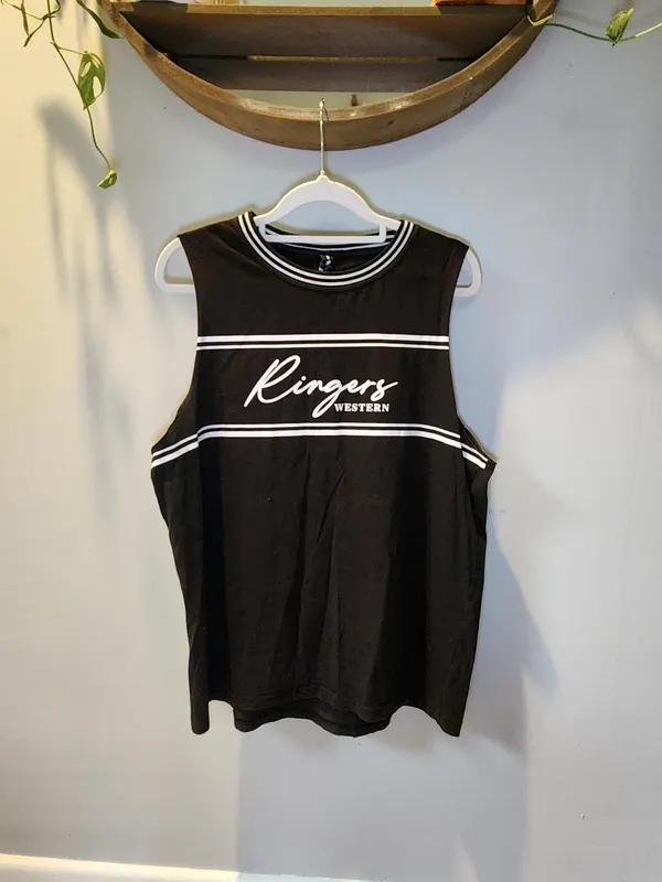 Ringers Western Black Striped Aussie Country Sleeveless Muscle Tank Top Size 12