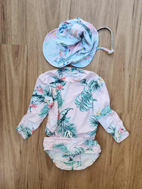 Seafolly & Millymook Baby Girl Swim Bundle | Size 1 Rashie Set + UPF Swim Hat