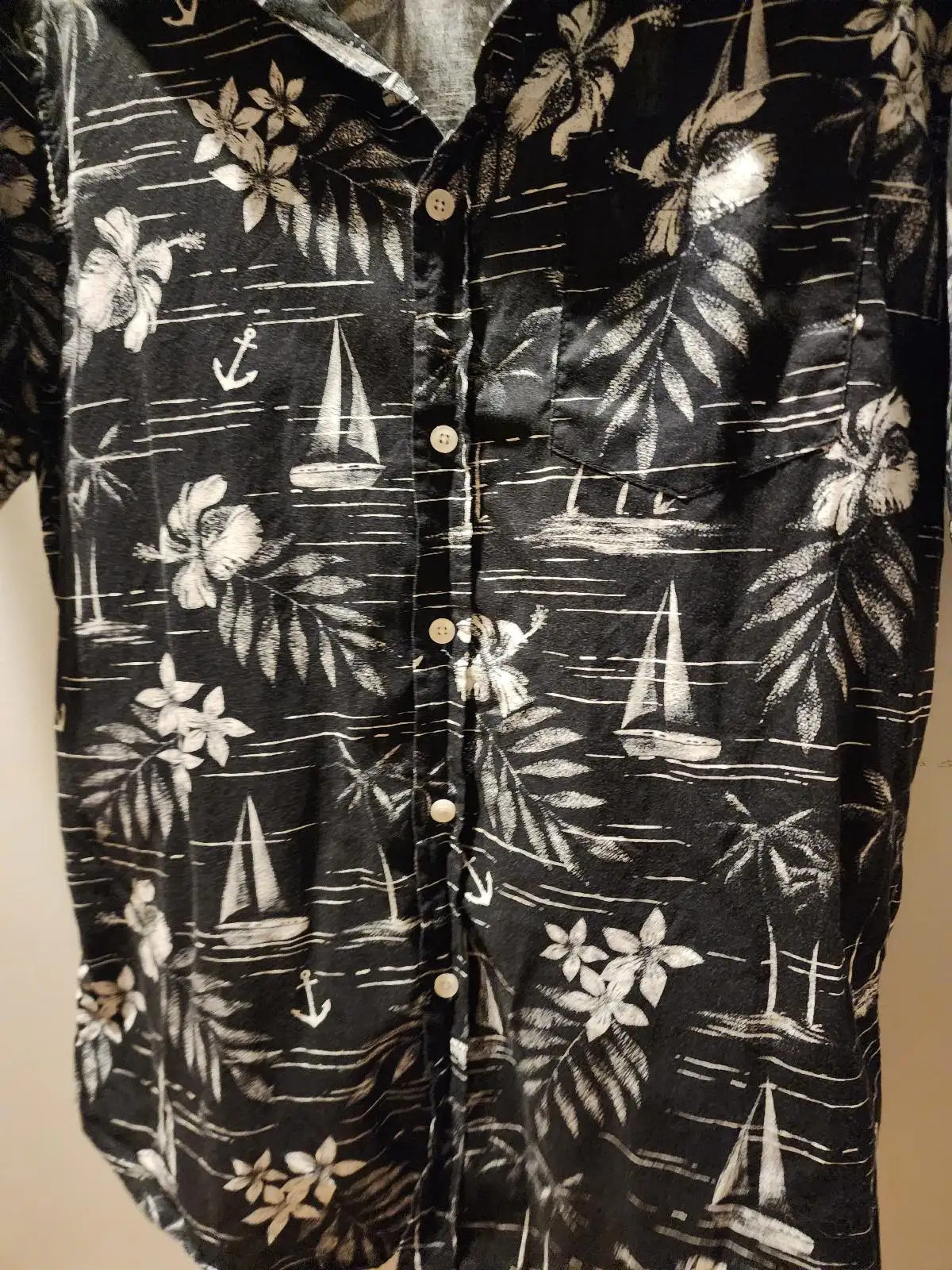Prodigy Black White Monochrome Nautical Sailboat Anchor Hibiscus Hawaiian Shirt – photo 4