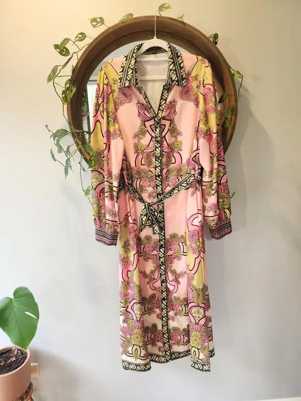 Caroline Morgan Coral Pink Floral Belted Shirt Dress Size 14 Retro Boho Pockets