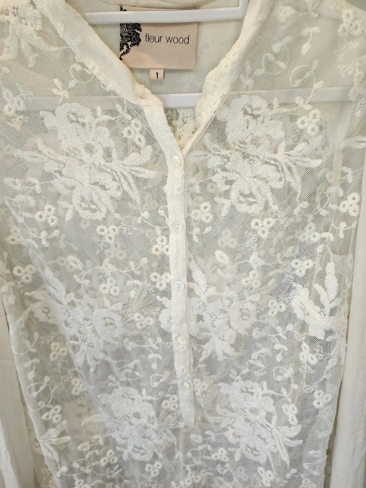 Fleur Wood Cream Embroidered Ethereal Luxe Whimsygoth Floral Lace & Silk Blouse – photo 6