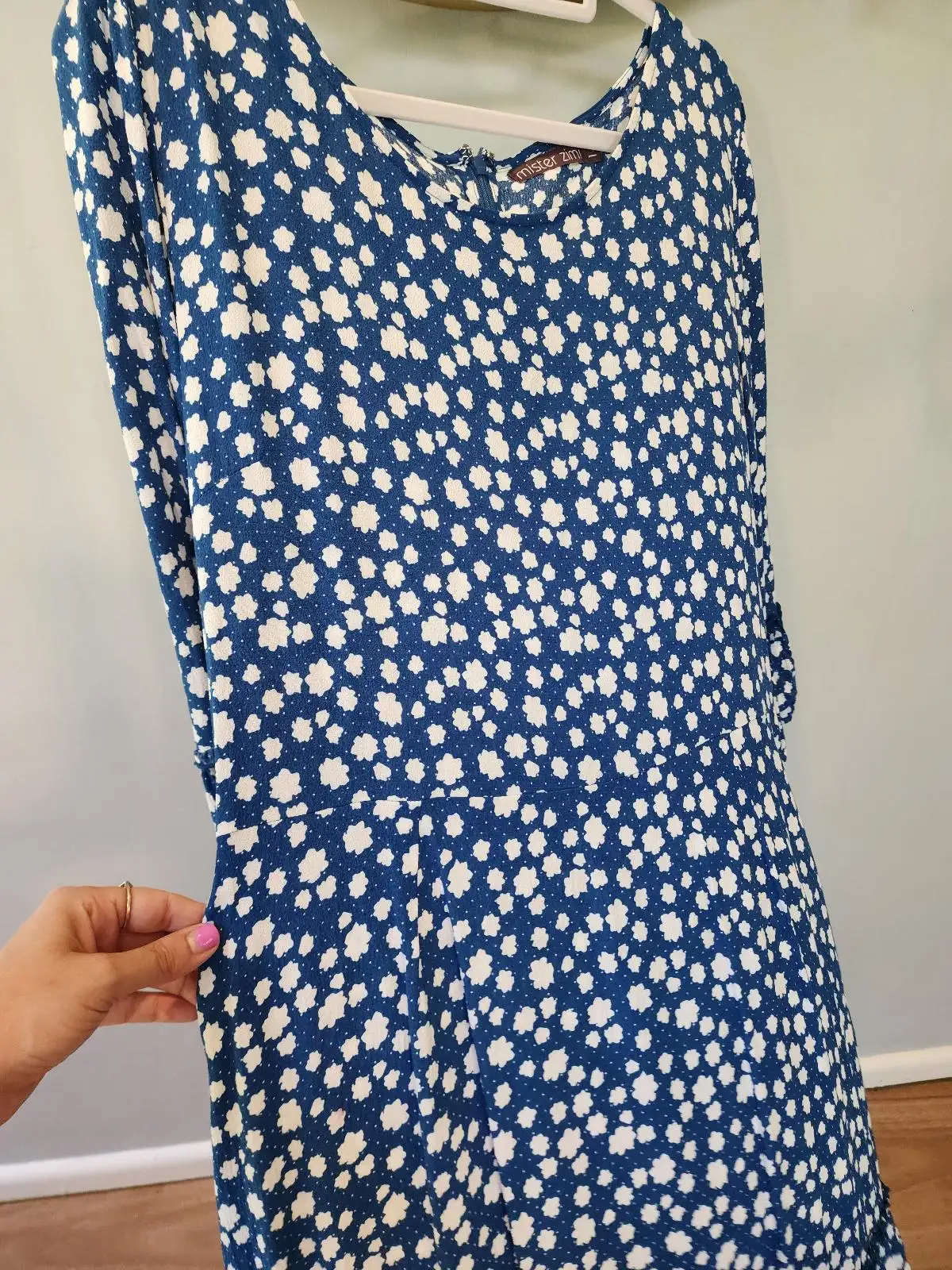 Mister Zimi Blue White Floral Drop Waist Ruffle Sleeve Mini Dress Size 14 – photo 5