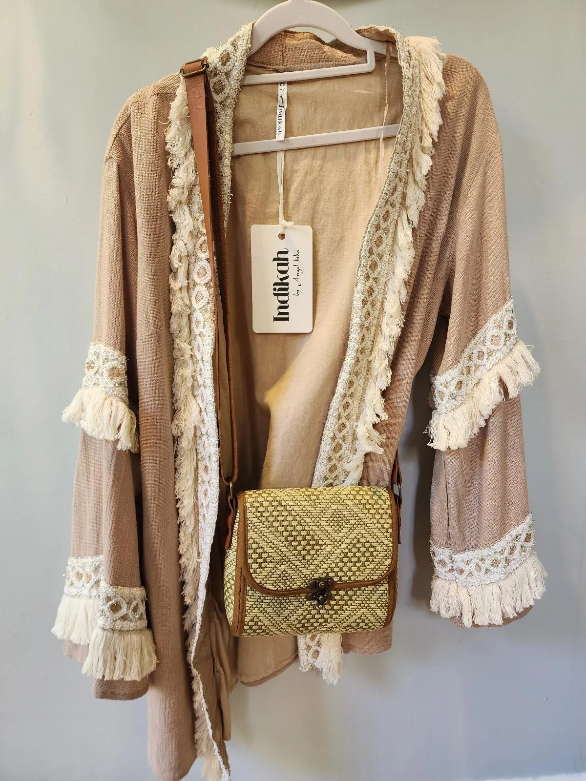 NWT Indikah by Angel Biba Boho Kimono Cardigan Jacket Mocha Fringe Sequin L 12 – photo 11