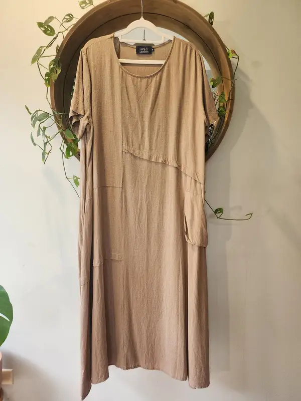 Lark & Linden Taupe Linen Blend Asymmetric Panel Midi Dress Size 16 Lagenlook