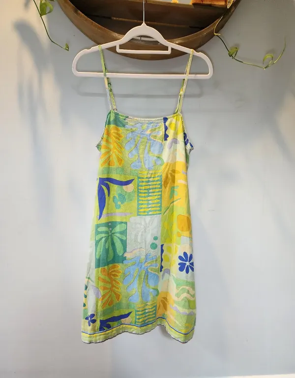 Nine Lives Bazaar Green Yellow Abstract Botanical Matisse Print Cami Slip Dress