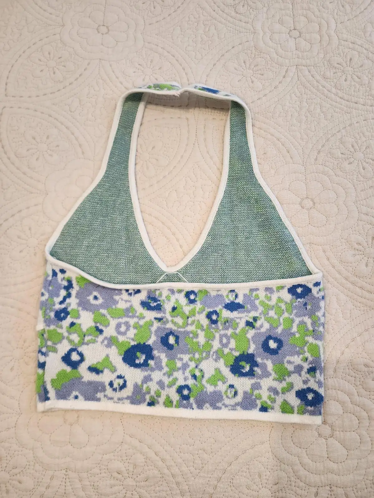 Princess Polly Floral Knit Halter Crop Top Size M L Blue Green Y2K Backless Crop – photo 5