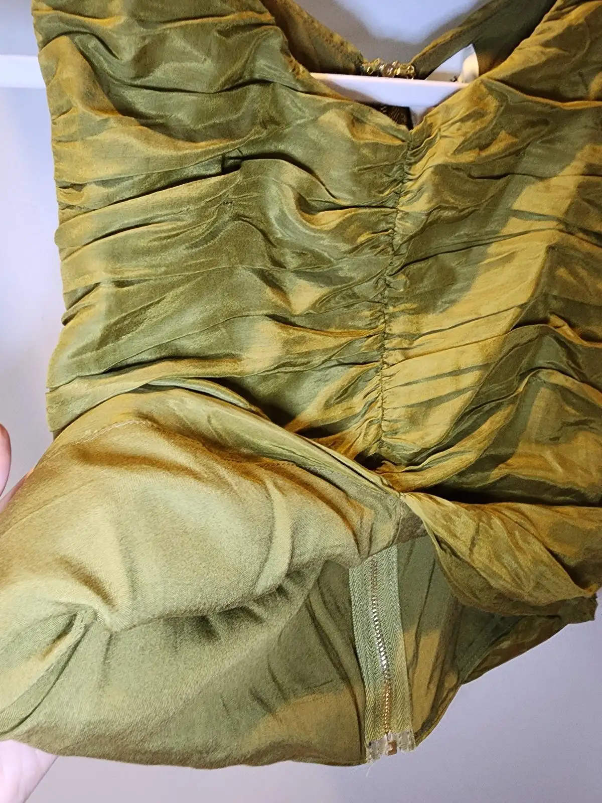 DISSH Olive Moss Green Ruched Quiet Luxury Zip Back Crop Top Size 12 M – photo 4
