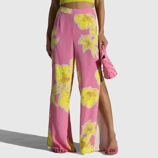 The Wolf Gang "Magda" Dahlia Floral Wide-Leg Split Tropical Resortwear Pants M