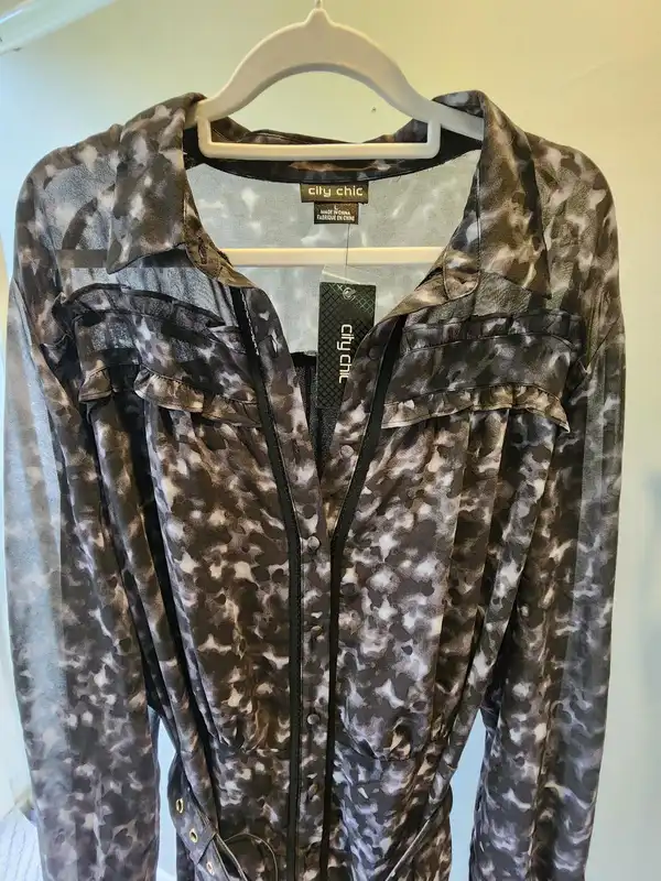 City Chic NWT Emilia Tortoiseshell Belted Chiffon Midi Shirtdress Size L 20