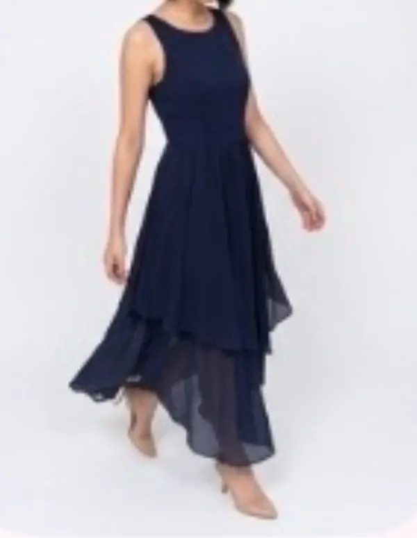 Navy Blue chiffon layered high-low Dress
