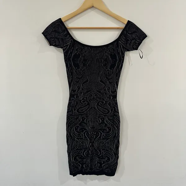 Guess Los Angeles S Black Gold Metallic Baroque Bandage Bodycon Mini Dress Y2K