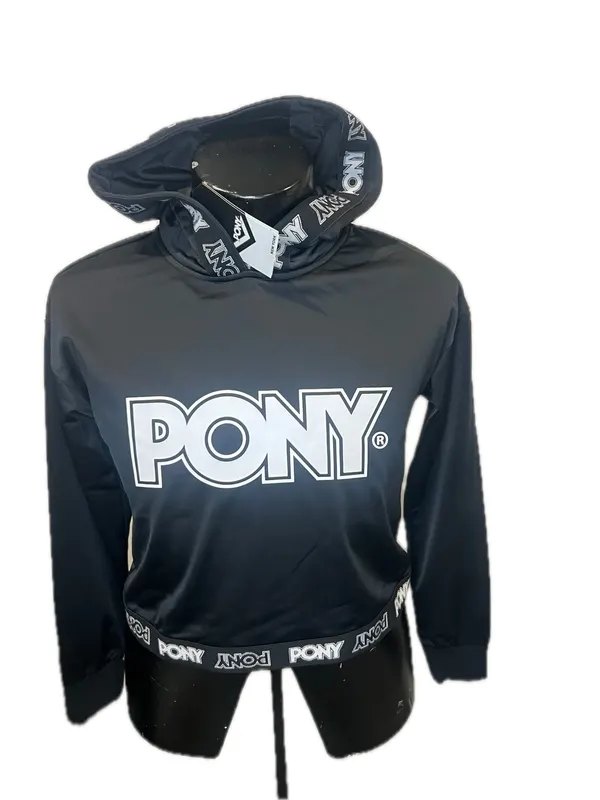 PONY Black Cropped Hoodie Jumper with White Logo