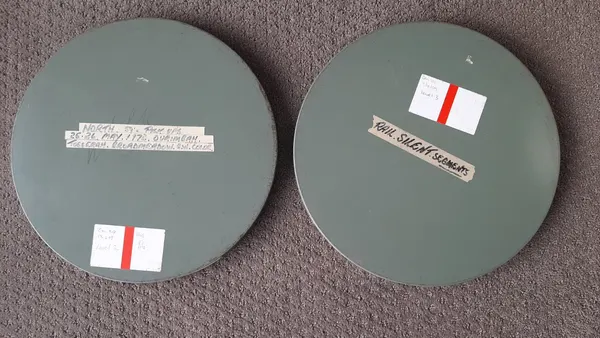 Vintage film reel tins - Railway film theme