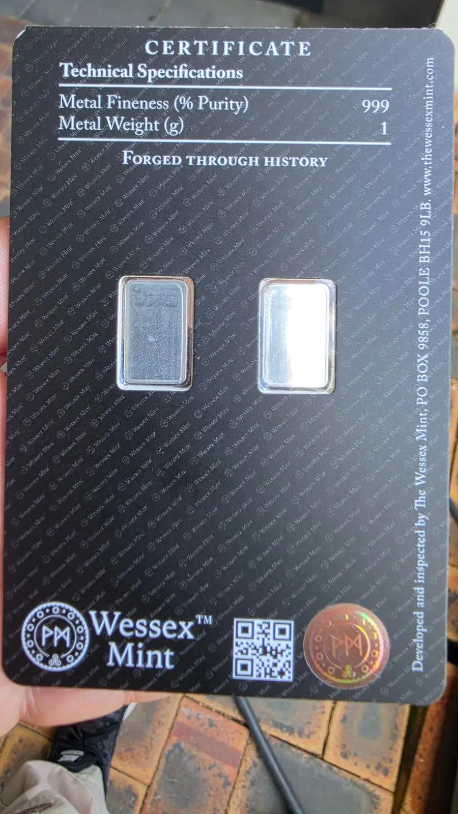 Wessex Mint Twin Set - 2 x 1 Gram 999 Fine Silver Britannia Bars - Certified Car – photo 2