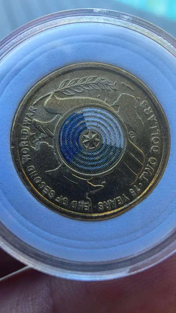 2020 End of WWII 75th — Blue Spiral Dove — Coloured $2 — Capsuled
