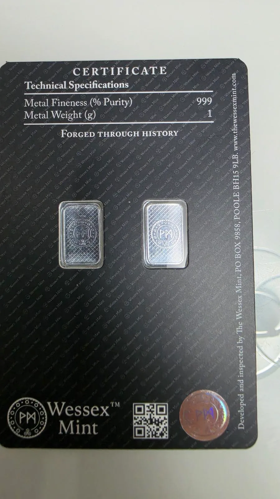 🥈 Wessex Mint — 2 x 1g 999 Fine Silver Bars • DOUBLE SIDED DESIGN — photo 2