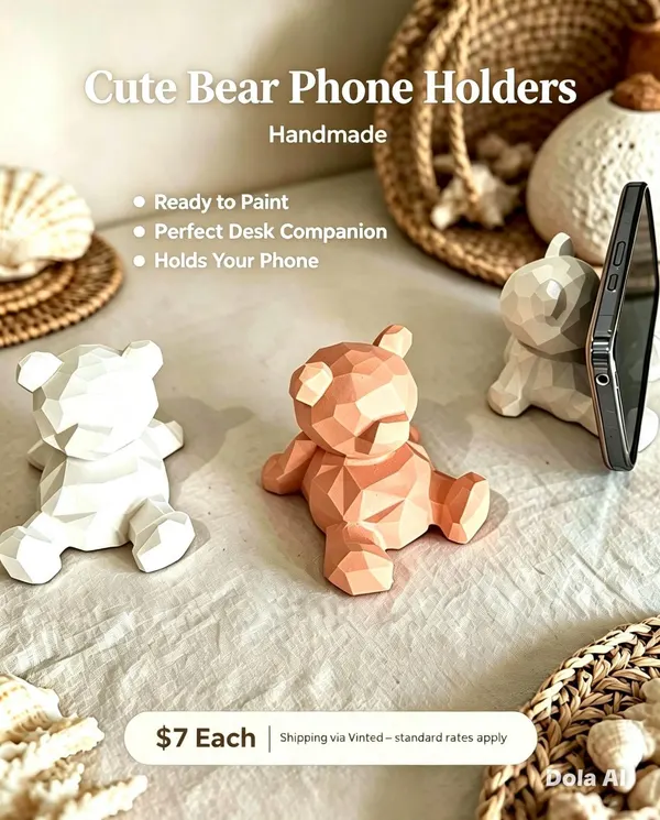 🐻 Geometric Bear Phone Holder — Handmade Cast Gypsum