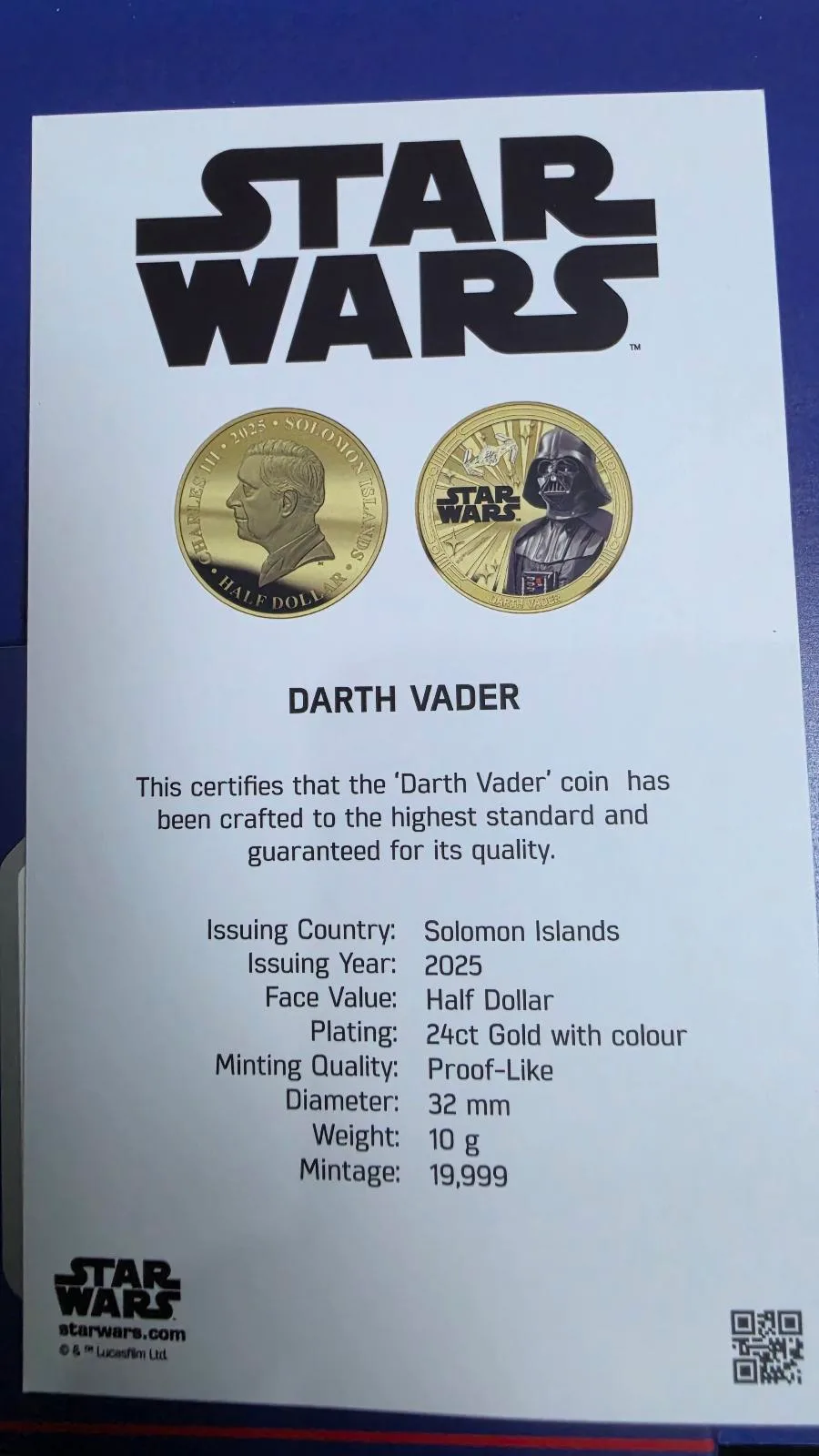 Star Wars — Darth Vader — 2025 Solomon Islands Half Dollar — 24ct Gold-Plated Co – photo 4