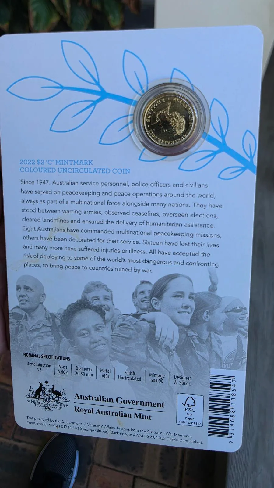 2022 Peacekeeping 75th — C Mintmark — Coloured — RAM Carded UNC — Mintage 60k – photo 2
