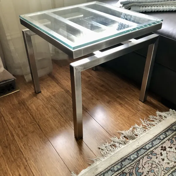 Modernist Glass Top & Steel Cube Base Side Table 50cm x 50cm x 49cm