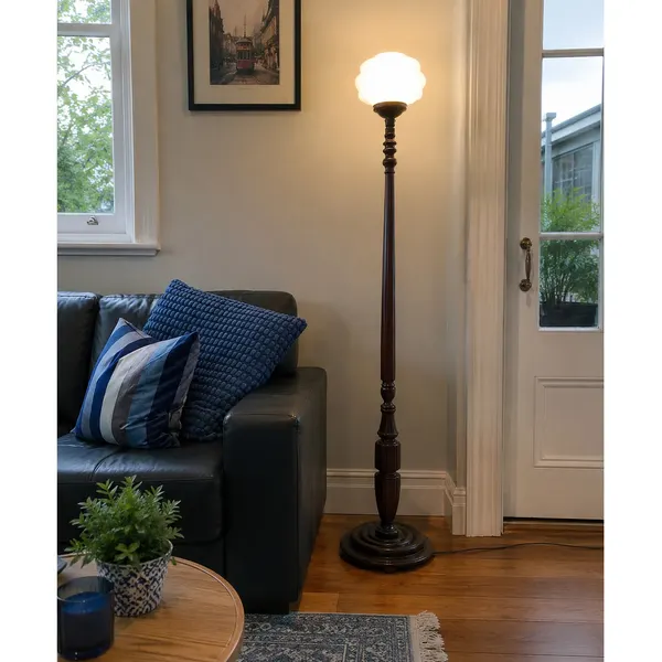 Vintage Pink Standard Floor Lamp with Polished Hardwood Timber Base