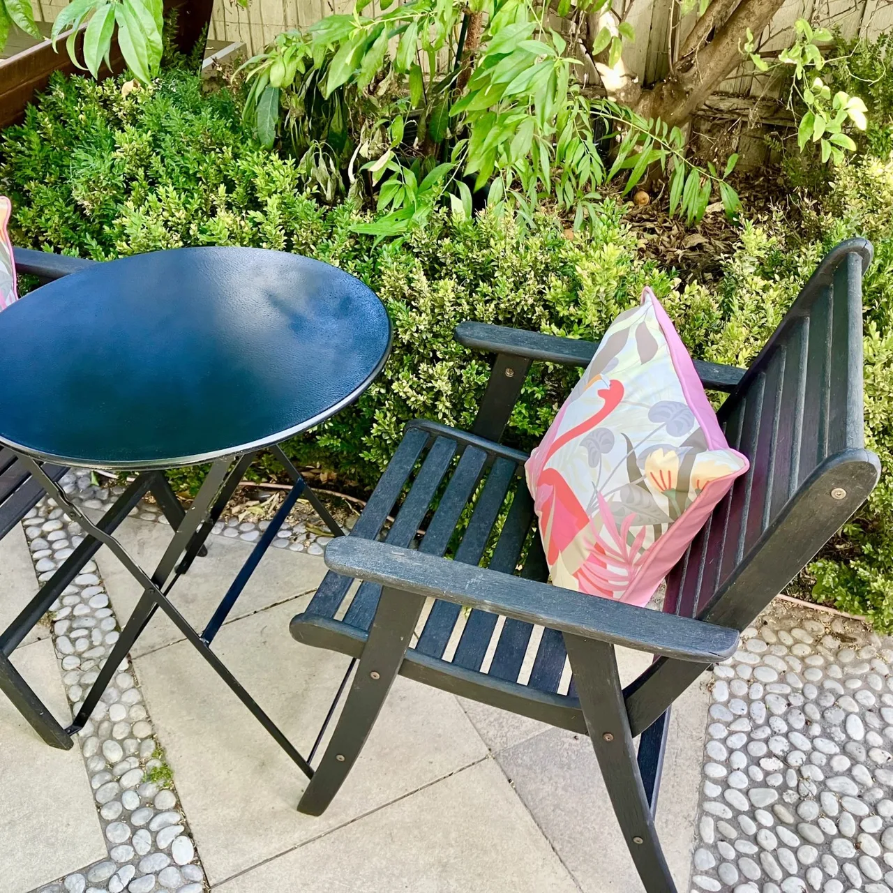 Two Australian Made Hardwood Chairs and Folding Steel Cafe Table — photo 5