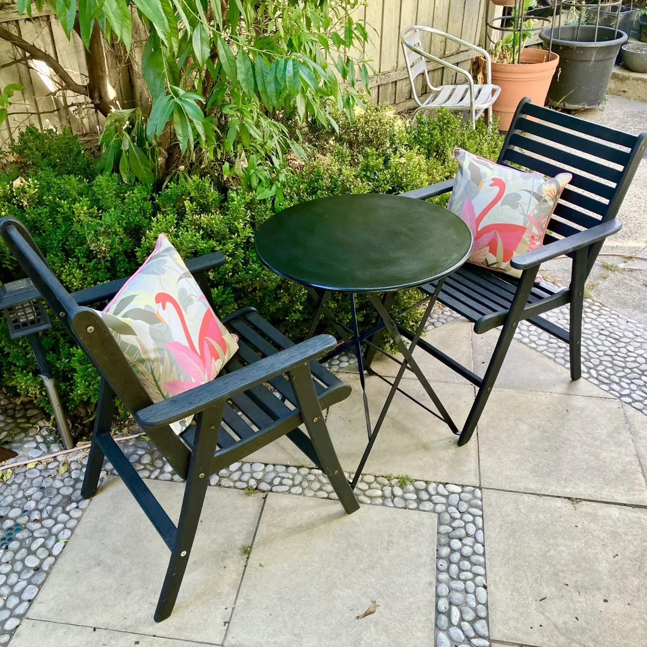 Two Australian Made Hardwood Chairs and Folding Steel Cafe Table — photo 3