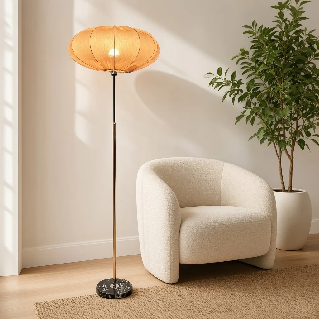 Luxe Mid-Century Glow – Rose Gold & Pink Fabric Shade Floor Lamp with Marble — photo 10