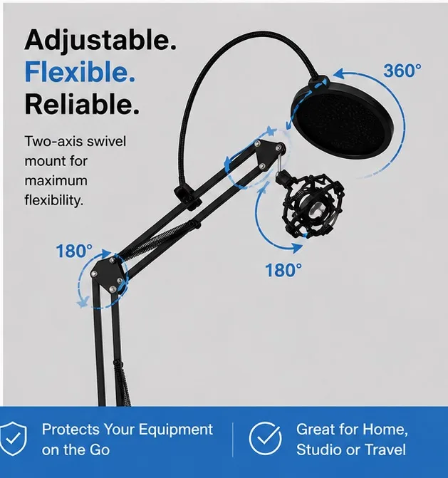 Adjustable Microphone Suspension Boom Arm Stand + Pop Filter — photo 6