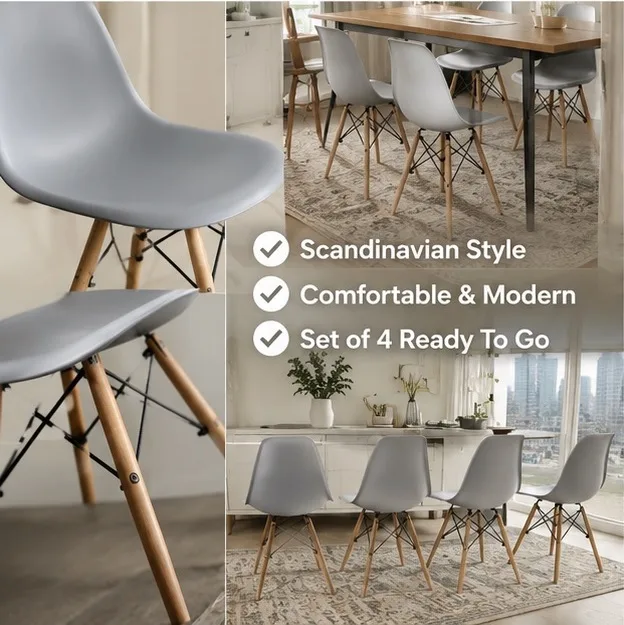 Set of 4 Light Grey Mid-Century Modern Dining Chairs – Beech Wood Legs — photo 3