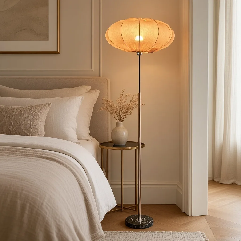 Luxe Mid-Century Glow – Rose Gold & Pink Fabric Shade Floor Lamp with Marble — photo 8
