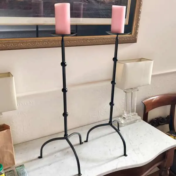 Pair Hand Forged Medieval Iron Candle Stands / Floor Candle Holders