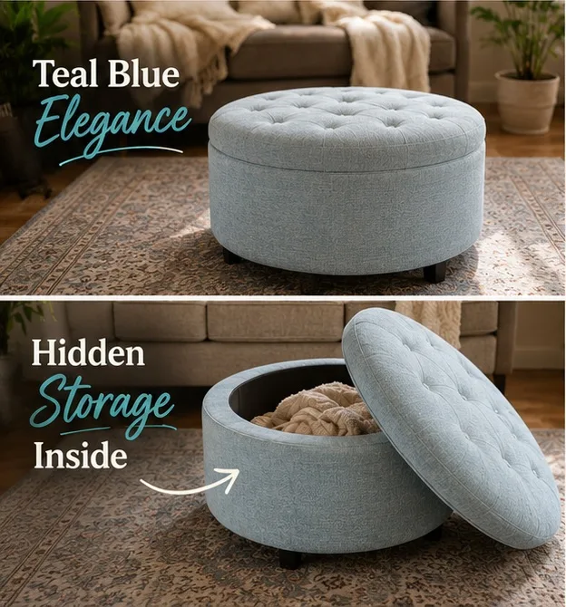 Teal blue Round button-tufted storage Ottoman Size: 75cm diameter x 42cm high — photo 3