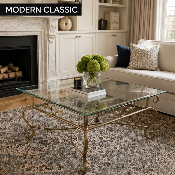 Hollywood Regency-style Iron & Glass Coffee Table 1m square