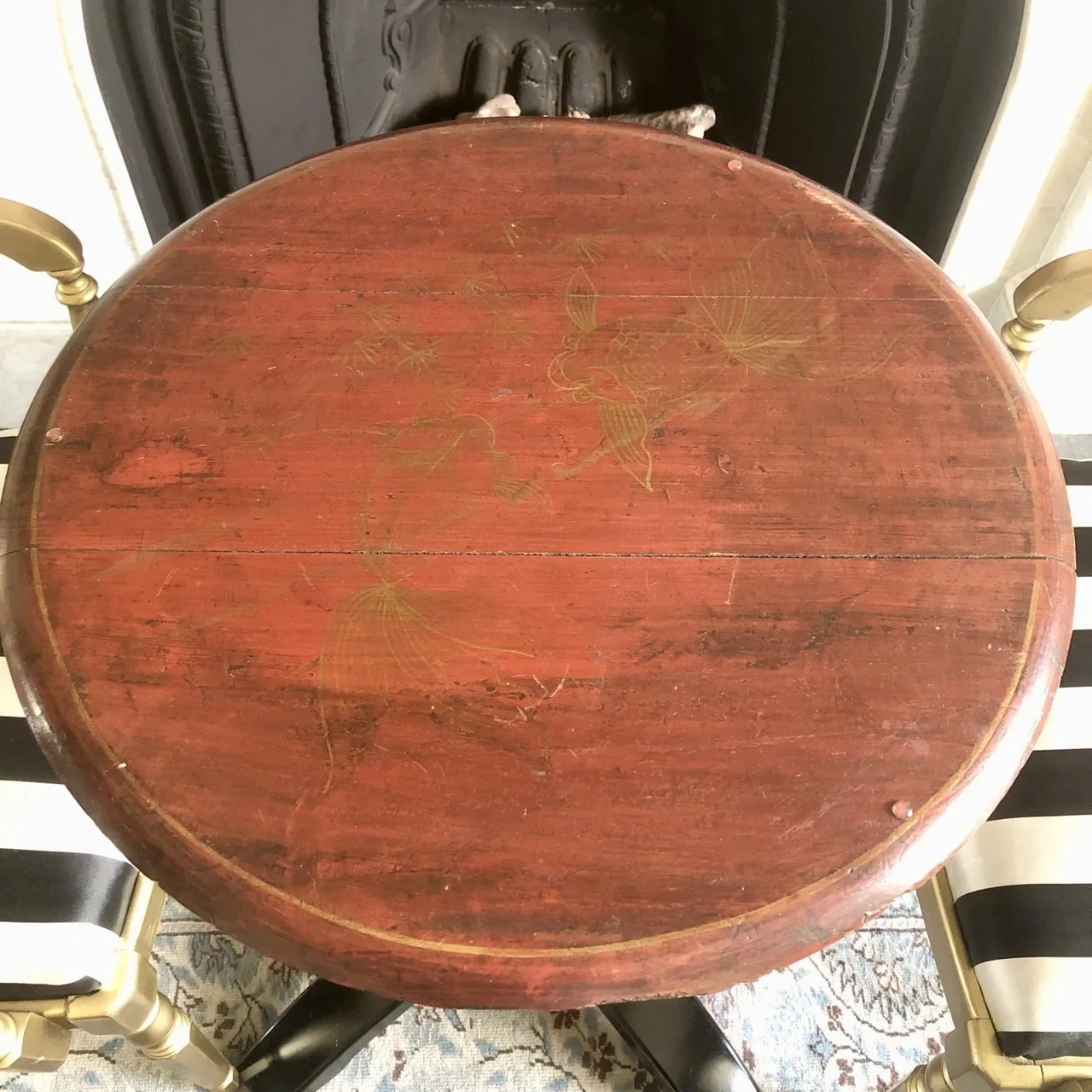 Antique Hand Painted Koi Fish Timber and Glass Table on steel base — photo 2