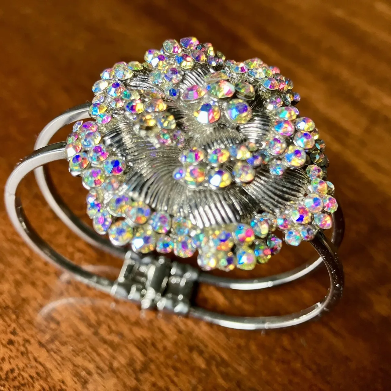 Clustered Accented Silver-Tone Costume Bracelet Hinge Cuff — photo 5