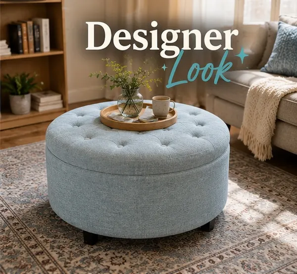 Teal blue Round button-tufted storage Ottoman Size: 75cm diameter x 42cm high