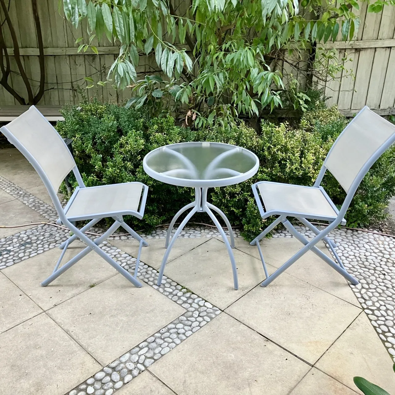 Steel & Glass Outdoor Bistro Table & Two Folding Chairs — photo 3